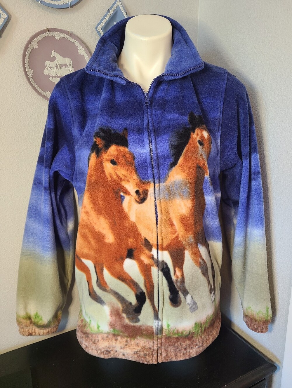 Back in the Saddle Horse Print Fleece Jacket Women’s S Small Equestrian Western